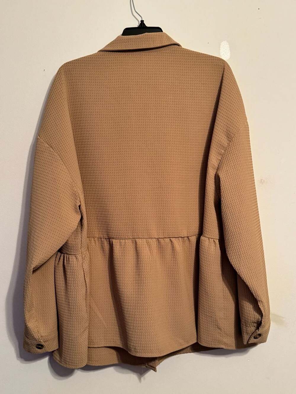 SHEIN Tan Waffle Knit Peplum Button Down Shirt - Picture 2 of 2